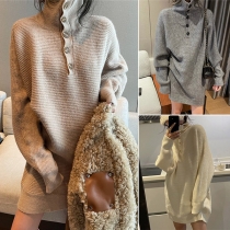 Fashion Lantern Sleeve V-neck Solid Color Button Sweater Dress