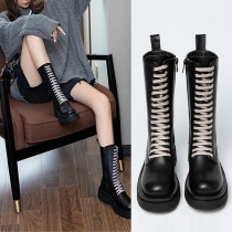 Retro Style Thick-sole Round Toe Lace-up Booties