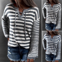 Fashion Long Sleeve Lace-up V-neck Stripe Knit Top