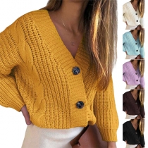 Fashion Solid Color Long Sleeve V-neck Knit Cardigan