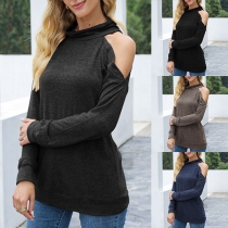Sexy Off-shoulder Long Sleeve Cowl Neck Solid Color Knit Top