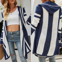 Fashion Contrast Color Long Sleeve Irregular Hem Hooded Knit Cardigan