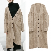 Fashion Solid Color Long Sleeve V-neck Long-style Knit Cardigan