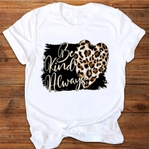 Casual Style Leopard Heart Letters Printed Short Sleeve Round Neck T-shirt