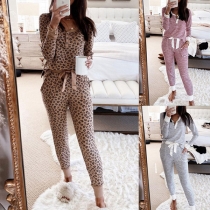 Casual Style Long Sleeve Round Neck Printed Top + Pants Home-wear Two-piece Set
