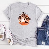 Casual Style Short Sleeve Round Neck Coconut Tree Pattern Loose Summer T-shirt