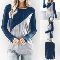 Fashion Contrast Color Long Sleeve Round Neck T-shirt