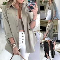 Casual Style Long Sleeve POLO Collar Single-breasted Solid Color Shirt Blouse