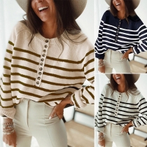 Fashion Long Sleeve Round Neck Front-button Stripe Knit Top