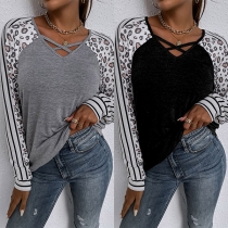 Fashion Leopard Spliced Long Sleeve V-neck Loose T-shirt