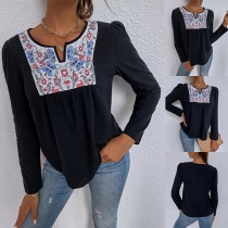 Casual Style Long Sleeve V-neck Printed Spliced Loose T-shirt