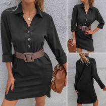 OL Style Long Sleeve POLO Collar Front-button Shirt Dress