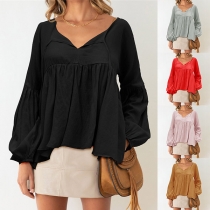 Sexy V-neck Lantern Sleeve Solid Color Loose T-shirt