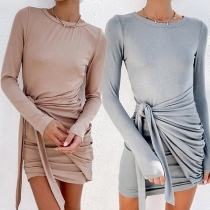 Fashion Solid Color Long Sleeve Round Neck Lace-up Knotted Dress