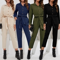 Fashion Solid Color Long Sleeve POLO Collar High Waist Jumpsuit