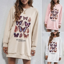 Casual Style Long Sleeve Round Neck Butterfly Printed Loose Sweatshirt