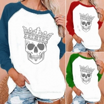 Fashion Contrast Color Long Sleeve Round Neck Skull Head Pattern T-shirt