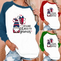 Fashion Contrast Color Long Sleeve Round Neck Christmas Printed T-shirt