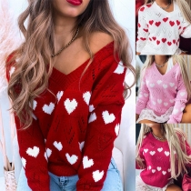 Fashion Long Sleeve V-neck Heart Pattern Hollow Out Knit Sweater