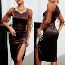 Sexy Gauze Spliced Half Sleeve Slit Hem V-neck Slim Fit Party Dress