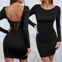 Sexy Lace-up Backless Long Sleeve Round Neck Solid Color Tight Dress