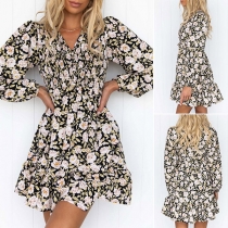 Sweet Style Long Sleeve V-neck Ruffle Hem Printed Dress