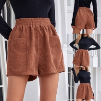 Fashion Solid Color Elastic Waist Front-pocket Wide-leg Corduroy Shorts