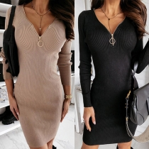 Fashion Solid Color Long Sleeve Zipper V-neck Slim Fit Knit Dress