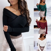 Sexy V-neck Long Sleeve Solid Color Slim Fit T-shirt