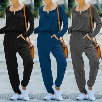 Fashion Solid Color Long Sleeve Round Neck Elastic Waist Jumpsuit