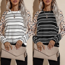 Fashion Leopard Spliced Long Sleeve Round Neck Striped T-shirt