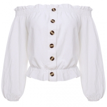 Sexy Off-shoulder Stringy Selvedge Boat Neck Lantern Sleeve Solid Color Top