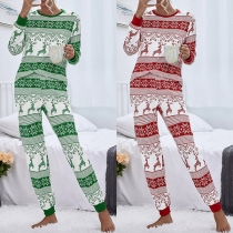 Cute Christmas Printed Long Sleeve Round Neck T-shirt + Pants Home-wear Two-piece Set