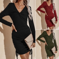 Sexy Twisted V-neck Side-drawstring Long Sleeve Solid Color Slim Fit Dress