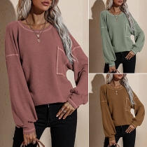 Fashion Solid Color Dolman Sleeve Round Neck Patch Pocket Loose T-shirt