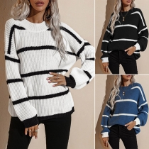 Fashion Long Sleeve Round Neck Loose Stripe Sweater