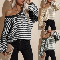 Fashion Long Sleeve V-neck Loose Stripe Knit Sweater