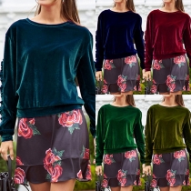 Fashion Ruffle Long Sleeve Round Neck Solid Color Pleuche Sweatshirt