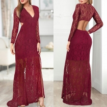 Sexy Backless Deep V-neck Long Sleeve High Waist Floor-length Lace Party Dress