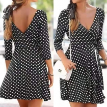 Sexy Backless Deep V-neck Long Sleeve Dots Printed Tie-belt Dress