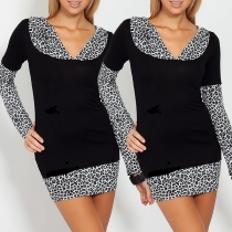 Fashion Leopard Spliced Long Sleeve V-neck Hooded Slim Fit Dress
