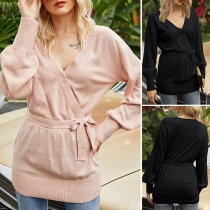 Sexy V-neck Long Sleeve Tie-belt Solid Color Knit Top