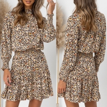 Fashion Long Sleeve Mock Neck Elastic Waist Leopard Printed Dress