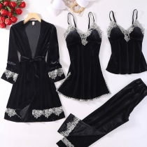Sexy Solid Color Brethable Lace Spliced Nightwear Set four-piece Set