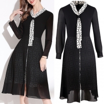 Fashion Printed Spliced Lace-up Collar Long Sleeve High Waist Slim Fit Dress