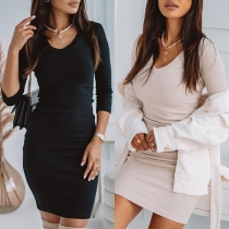 Simple Style Long Sleeve V-neck Solid Color Slim Fit Knit Dress