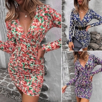 Sexy Deep V-neck Long Sleeve Slim Fit Printed Dress