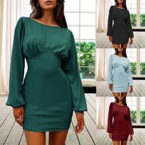 Fashion Solid Color Lantern Sleeve Round Neck Slim Fit Knit Dress