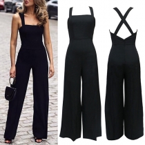 Sexy Crossover Backless High Waist Solid Color Wide-leg Sling Jumpsuit