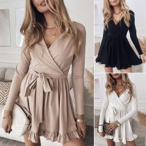 Sexy V-neck Long Sleeve Ruffle Hem Solid Color Tie-belt Dress